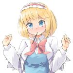  1girl alice_margatroid arnest blonde_hair blue_dress blue_eyes blush capelet closed_mouth commentary dress food hairband highres lolita_hairband long_sleeves mouth_hold pocky pocky_day red_hairband shirt short_hair simple_background solo touhou upper_body white_background white_capelet white_shirt 