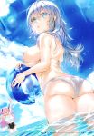  2girls absurdres arm_up ass ball bangs bare_shoulders beachball bikini blue_eyes blue_sky blurry blurry_background blush breasts closed_mouth day from_behind hands_up highres holding kou_mashiro large_breasts long_hair multiple_girls open_mouth original outdoors page_number partially_submerged pink_hair scan see-through silver_hair sky sunlight swimsuit thighs water water_drop wet white_bikini 