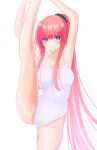  1girl :&lt; absurdres alternate_hairstyle armpits arms_up bangs black_scrunchie blue_eyes blunt_bangs blush breasts embarrassed go-toubun_no_hanayome highres kurosaki_coco leg_hold leg_up long_hair nakano_nino one-piece_swimsuit pink_hair ponytail scrunchie swimsuit thick_thighs thighs v-shaped_eyebrows white_swimsuit 