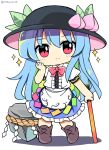  1girl bangs black_headwear blue_hair blue_skirt boots bow bowtie brown_footwear closed_mouth eyebrows_visible_through_hair food fruit full_body hand_on_own_face highres hinanawi_tenshi holding holding_sword holding_weapon keystone leaf long_hair looking_at_viewer peach puffy_short_sleeves puffy_sleeves rainbow_order ramudia_(lamyun) red_bow red_bowtie red_eyes rope short_sleeves simple_background skirt smile solo standing star_(symbol) sword sword_of_hisou touhou twitter_username weapon white_background 