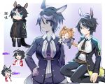  2girls absurdres ahoge animal_ears arm_at_side bangs belt black_coat black_hair black_jacket black_necktie black_pants blue_eyes border breasts center_frills chibi coat collared_shirt commentary_request frills fuji_kiseki_(umamusume) gradient gradient_background hand_on_hip highres horse_ears horse_girl horse_tail jacket kneeling long_hair looking_at_viewer looking_to_the_side medium_breasts michia_(bourgognepony) multiple_girls multiple_views necktie open_clothes outside_border pants shirt short_hair smile sparkle standing standing_on_one_leg t.m._opera_o_(umamusume) tail thighhighs track_jacket umamusume white_border white_shirt 