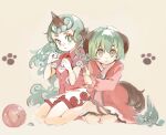  2girls animal_ears bangs buttons cloud_print commentary_request curly_hair dog_ears dog_girl dog_tail dress frilled_dress frills geta green_eyes green_hair horns kariyushi_shirt kasodani_kyouko komano_aunn konabetate long_hair long_sleeves multiple_girls paw_pose pink_dress red_shirt shirt shorts simple_background single_horn tail touhou white_shorts 