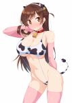  1girl animal_ears animal_print arm_behind_back bangs bare_shoulders bell belt_collar blush braid breasts brown_eyes brown_hair collar collarbone commentary_request cow_ears cow_print cow_tail cowbell crown_braid ear_tag elbow_gloves fake_animal_ears fake_horns gloves hair_flip hairband highres horns ichi_makoto kanojo_okarishimasu large_breasts long_hair looking_at_viewer mizuhara_chizuru navel nose_blush pink_gloves pink_legwear print_swimsuit simple_background slingshot_swimsuit solo sweat swimsuit tail thighhighs white_background 