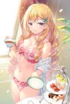  1girl bangs bare_shoulders blonde_hair blue_ribbon bra breasts cleavage closed_mouth collarbone commentary_request cup curtains day drill_hair eyebrows_visible_through_hair food hair_ribbon highres holding holding_cup holding_saucer long_hair long_sleeves looking_at_viewer medium_breasts miwabe_sakura navel off_shoulder open_clothes open_shirt original panties pink_bra pink_panties purple_eyes ribbon saucer shirt smile solo standing sunlight tea teacup tiered_tray underwear very_long_hair white_shirt window 