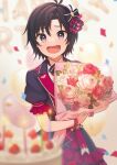 1girl :d antenna_hair balloon bangs birthday birthday_cake black_bow black_bowtie black_dress black_eyes black_hair blurry blurry_background blurry_foreground bouquet bow bowtie cake candle commentary confetti depth_of_field dress flower food hair_ribbon highres holding holding_bouquet idolmaster idolmaster_million_live! kikuchi_makoto looking_at_viewer mochan_uma pink_flower plaid plaid_ribbon raised_eyebrows ribbon short_hair short_sleeves smile solo standing white_flower 