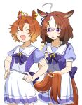  2girls ^_^ ahoge animal_ears bangs brown_hair closed_eyes commentary cowboy_shot crown ear_piercing hairband hands_on_hips highres holding_another&#039;s_tail horse_ears horse_girl horse_tail medium_hair meisho_doto_(umamusume) michia_(bourgognepony) mini_crown multicolored_hair multiple_girls open_mouth orange_hair piercing puffy_short_sleeves puffy_sleeves purple_shirt sailor_collar school_uniform shirt short_hair short_sleeves simple_background skirt sparkle sweat t.m._opera_o_(umamusume) tail tracen_school_uniform two-tone_hair umamusume white_background white_skirt 