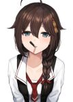  1girl ahoge blue_eyes blush braid brown_hair chocolate eyebrows_visible_through_hair food food_in_mouth hair_flaps hair_ornament hair_over_shoulder incoming_pocky_kiss kantai_collection long_hair looking_at_viewer mouth_hold necktie pocky pocky_day red_neckwear remodel_(kantai_collection) ribbon sha_(isago) shigure_(kancolle) shirt simple_background single_braid solo upper_body white_background white_shirt 
