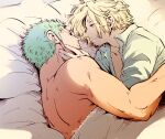  2boys bed_sheet blonde_hair couple dark-skinned_male dark_skin eye_contact facial_hair from_above goatee green_hair hair_over_one_eye hand_on_own_face highres looking_at_another lying male_focus messy_hair multiple_boys naked_sheet on_side one_piece open_clothes open_shirt pectorals pra_(prapon0904) roronoa_zoro sanji short_hair sideburns smile toned toned_male upper_body yaoi 