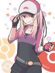  1girl adjusting_clothes adjusting_headwear artist_name baseball_cap blonde_hair breasts choker female_protagonist_(pokemon_go) fingerless_gloves gloves hat highres jumpsuit mijuku_mikan poke_ball_symbol pokemon pokemon_(game) pokemon_go razz_berry red_eyes simple_background small_breasts solo standing 