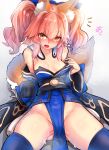  1girl animal_ear_fluff animal_ears bangs bare_shoulders blue_bow blue_kimono blue_legwear bow breasts cleavage detached_sleeves fate/extra fate_(series) fox_ears fox_girl fox_tail hair_between_eyes hair_bow highres japanese_clothes kimono long_hair looking_at_viewer no_bra no_panties obi open_mouth pink_hair sash sidelocks small_breasts solo sweat tail tamamo_(fate) tamamo_no_mae_(fate/extra) thighhighs thighs translation_request wide_sleeves wisespeak yellow_eyes younger 