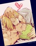  2boys blonde_hair couple earrings french_kiss grabbing green_hair hair_over_one_eye hand_in_another&#039;s_hair heart jewelry kiss male_focus multiple_boys one_piece pectoral_grab pectorals pra_(prapon0904) roronoa_zoro sanji short_hair sideburns single_earring toned toned_male upper_body upside-down_kiss yaoi 