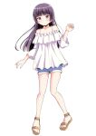  1girl alternate_costume bangs black_hair blouse blue_shorts blunt_bangs casual commentary_request denim denim_shorts eyebrows_visible_through_hair frilled_blouse full_body gokou_ruri herunin highres long_hair mole mole_under_eye ore_no_imouto_ga_konna_ni_kawaii_wake_ga_nai purple_eyes sandals shorts simple_background solo standing white_background white_blouse 