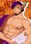  1boy abs bara bare_pectorals beard bunny ear_piercing facial_hair feather_hair_ornament feathers feeding hadanugi_dousa hair_ornament headwear_request highres large_pectorals male_focus mature_male muscular muscular_male nipples ookuninushi_(p&amp;d) pectorals piercing purple_eyes puzzle_&amp;_dragons short_hair single_bare_shoulder smile solo stomach upper_body zhangp 