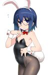  1girl animal_ears black_leotard blue_eyes blue_hair blush bow bowtie breasts brown_legwear ciel_(tsukihime) closed_mouth covered_navel cowboy_shot detached_collar fake_animal_ears fake_tail flying_sweatdrops glasses hand_on_own_chest highres leotard looking_at_viewer medium_hair namonashi pantyhose petite playboy_bunny rabbit_ears rabbit_tail red_bow red_bowtie semi-rimless_eyewear simple_background small_breasts smile solo strapless strapless_leotard tail tsukihime under-rim_eyewear white_background wrist_cuffs 