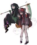  1boy 1girl :p bangs black_cloak black_footwear brown_hair brown_jacket brown_shorts cloak closed_mouth expressionless genshin_impact gloves green_gloves green_hair hay holding holding_scythe hu_tao_(genshin_impact) jacket kira_(lookforme) long_hair long_sleeves looking_at_viewer loose_socks patch red_eyes red_headwear red_shirt screw_in_head scythe shirt shorts sidelocks simple_background sketch smile stitches striped striped_legwear striped_shirt tongue tongue_out twintails very_long_hair white_background xiao_(genshin_impact) yellow_eyes 