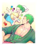  3boys baby blonde_hair blush brook child earrings father_and_son franky green_hair highres jewelry large_pectorals looking_at_another lying male_focus monkey_d._luffy multiple_boys nami_(one_piece) nico_robin objectification on_back one_piece pectoral_cleavage pectorals pra_(prapon0904) roronoa_zoro sanji short_hair sideburns single_earring sweatdrop toned toned_male tony_tony_chopper usopp younger 