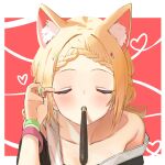  1girl aki_rosenthal animal_ear_fluff animal_ears bangs bare_shoulders blonde_hair blush braid closed_eyes collarbone extra_ears facing_viewer fingernails food green_nails highres hololive incoming_pocky_kiss mouth_hold nail_polish pocky pocky_day pov solo twin_(tt_lsh) virtual_youtuber 