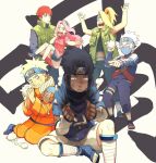  1girl 5boys :d arms_up beige_background black_eyes black_hair blonde_hair blue_eyes blue_pants blue_shirt carrying clay closed_eyes deidara_(naruto) forehead forehead_protector full_body green_eyes green_shorts haruno_sakura hatake_kakashi holding index_finger_raised jacket long_hair mask mouth_mask multiple_boys naruto naruto_(series) ninja ninja_mask oba-min open_clothes open_mouth open_vest orange_jacket orange_pants pants pink_hair pointing ponytail princess_carry red_eyes red_hair red_shirt sandals sasori_(naruto) shirt short_hair short_sleeves shorts sitting smile smoke standing surprised sweat team7 teeth toes uchiha_sasuke uzumaki_naruto vest wavy_mouth white_hair white_shorts younger 