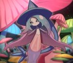  closed_mouth commentary_request glowing_mushroom grey_eyes hatterene head_tilt highres looking_at_viewer mushroom no_humans pokemon pokemon_(creature) smile solo yukifuri_tsuyu 