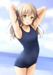  1girl armpits arms_behind_head arms_up bare_arms bare_shoulders blue_sky blue_swimsuit blurry blurry_background brown_hair cloud cloudy_sky collarbone commentary_request cowboy_shot day depth_of_field green_eyes highres horizon long_hair looking_at_viewer ocean old_school_swimsuit one-piece_swimsuit original outdoors parted_lips school_swimsuit shibacha sky smile solo standing swimsuit water 