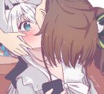  2girls animal_ear_fluff black_bow blush bow bowtie brown_hair cellphone dress green_eyes grey_dress hair_bow holding holding_phone hololive kiss kukie-nyan long_hair multiple_girls natsuiro_matsuri one_side_up phone ponytail shirakami_fubuki smartphone surprised twitter_username upside-down_kiss virtual_youtuber white_bow white_bowtie white_hair wide-eyed yuri 