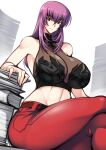  1girl absurdres armpit_peek bangs breasts brown_eyes crop_top crossed_legs haganef halter_top halterneck highres kouzuki_yuuko large_breasts long_hair looking_to_the_side midriff muvluv navel pants papers parted_lips purple_hair red_pants sitting smile solo thick_thighs thighs white_background 