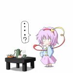  ... ...? 1girl ? bangs blouse blue_blouse blush buttons cake chibi collared_shirt commentary_request covering_mouth cup food hairband hand_to_own_mouth heart komeiji_satori long_skirt long_sleeves ominaeshi_(takenoko) pink_footwear pink_hair pink_skirt red_hairband shirt shoes short_hair simple_background skirt solo spoken_ellipsis spoken_question_mark strawberry_cake table tea teacup teapot touhou white_background wide_sleeves 
