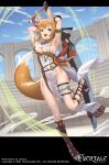  1girl animal_ear_fluff animal_ears armlet armpits artist_name bangs blue_sky breasts cloud cloudy_sky commentary_request company_connection copyright_name covered_navel cuboon day dress evertale fox_ears fox_girl fox_tail full_body gladiator_sandals green_eyes highres holding holding_sword holding_weapon light_brown_hair logo looking_at_viewer medium_breasts mysha official_art open_mouth outdoors pelvic_curtain sandals shiny shiny_hair shiny_skin short_dress simple_background sky sleeveless smile solo sword tail teeth thigh_strap thighs tied_hair toeless_footwear toes underboob weapon white_dress 