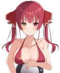  1girl absurdres ball bangs bare_arms bare_shoulders beachball blush breast_rest breasts cleavage closed_mouth collarbone eyebrows_visible_through_hair hair_ribbon heart heterochromia highres hololive houshou_marine large_breasts long_hair nyuu_(pixiv12143565) red_eyes red_hair red_ribbon ribbon simple_background smug solo twintails upper_body v-shaped_eyebrows virtual_youtuber white_background yellow_eyes 