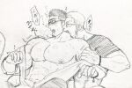  2boys abs bara bare_pectorals bare_shoulders biting blush couple drooling eyebrow_cut facial_hair feet_out_of_frame fle0423 from_side glasses goatee graphite_(medium) greyscale hickey highres large_pectorals long_sideburns male_focus mature_male monochrome multiple_boys muscular muscular_male navel neck_biting nipples off_shoulder open_clothes open_shirt original pectorals short_hair sideburns sketch stomach sweat traditional_media trembling undressing_another yaoi 