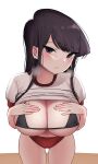  1girl bangs black_bra black_eyes black_hair blush bra breasts buruma cleavage clothes_lift commentary_request cowboy_shot eyebrows_visible_through_hair gweda gym_uniform hands_on_own_chest highres komi-san_wa_komyushou_desu komi_shouko large_breasts leaning_forward long_hair looking_at_viewer micro_bra navel red_buruma shirt_lift short_sleeves simple_background sleeve_cuffs solo standing straight_hair underwear white_background 