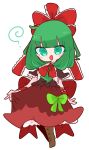  1girl @_@ arm_ribbon bangs boots bow breasts brown_footwear dress frilled_dress frilled_ribbon frilled_sleeves frills front_ponytail full_body green_eyes green_hair hair_bow hair_ribbon highres kagiyama_hina long_dress long_hair medium_breasts op_na_yarou puffy_short_sleeves puffy_sleeves red_dress red_ribbon ribbon short_sleeves simple_background solo touhou white_background 