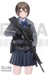  1girl absurdres bangs battle_rifle black_gloves black_jacket blue_bow blue_bowtie blue_shirt blue_skirt bow bowtie brown_hair character_name closed_mouth gloves gun h&amp;k_g3 hair_between_eyes handgun highres holding holding_gun holding_weapon holstered_weapon jacket long_sleeves looking_at_viewer original partially_fingerless_gloves pistol polo_shirt purple_eyes rifle school_uniform shiroyama_soh shirt simple_background skirt solo trigger_discipline v-shaped_eyebrows weapon white_background 