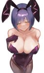  1girl absurdres animal_ears bangs bare_shoulders black_gloves black_legwear blush breasts cleavage elbow_gloves eyebrows_visible_through_hair fake_animal_ears fishnet_legwear fishnets gloves half-closed_eyes highres large_breasts looking_at_viewer mole mole_under_eye nijisanji playboy_bunny purple_hair rabbit_ears shizuka_rin short_hair simple_background skysign_ft solo virtual_youtuber white_background yellow_eyes 
