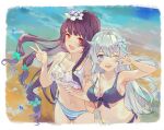  2girls absurdres armpits beach bikini black_bikini blue_eyes braid breasts cleavage flower frilled_bikini frills hair_flower hair_ornament hair_ribbon highres holding_another&#039;s_arm honkai_(series) honkai_impact_3rd kiana_kaslana long_hair looking_at_viewer multiple_girls ocean one_eye_closed outdoors ponytail purple_hair raiden_mei red_eyes ribbon sand siyecao_(uumix7e) summer summer_uniform swimsuit v white_flower white_hair 