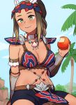  1girl :t apple arm_at_side armlet armor blonde_hair bracer braid braided_ponytail breasts brown_hair chewing clam_shell closed_mouth day eating fang_necklace feathers food food_bite fruit green_eyes hand_up high_ponytail holding holding_food holding_fruit jewelry kayna_(monster_hunter) kwaejina long_braid long_hair looking_at_viewer mask mask_on_head medium_breasts monster_hunter_(series) monster_hunter_stories_2 multicolored_hair navel neck_ring no_tattoo outdoors reward_available shell_necklace shorts shoulder_armor sitting solo stomach tan tooth_necklace two-tone_hair 