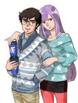  1boy 1girl brown_eyes closed_mouth commentary_request denim glasses green_eyes gundam gundam_zz jeans judau_ashta kei-co long_hair looking_at_viewer open_mouth pants pantyhose purple_hair roux_louka simple_background skirt smile sweater thermos white_background 