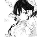  1girl :t annoyed archived_source bangs bare_shoulders blush bow clenched_hand closed_mouth detached_sleeves drawr floating_hair frilled_bow frilled_hair_tubes frills from_side furrowed_brow greyscale hair_bow hair_tubes hakurei_reimu hand_up hatching_(texture) linear_hatching long_sleeves looking_at_viewer looking_to_the_side monochrome oekaki okari ribbon-trimmed_sleeves ribbon_trim sarashi short_hair_with_long_locks sidelocks simple_background sketch solo squiggle swept_bangs touhou upper_body white_background wide_sleeves 