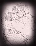  2boys arms_around_neck bara blush breath carrying carrying_person fiery_hair fle0423 french_kiss graphite_(medium) greyscale implied_sex kiss long_sideburns male_focus master_3_(housamo) monochrome multiple_boys muscular muscular_male off_shoulder saliva short_hair sideburns sketch sweatdrop toji_(housamo) tokyo_afterschool_summoners traditional_media translation_request trembling undressing_another upper_body yaoi 