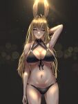  1girl ahoge animal_ears arm_behind_head ass_visible_through_thighs bangs bare_shoulders black_choker blonde_hair blurry bokeh breasts choker cleavage collarbone cowboy_shot crossed_bangs depth_of_field drone_(drone_37) hair_between_eyes halterneck highres large_breasts legs_apart looking_at_viewer midriff navel open_mouth original parted_lips rabbit_ears rabbit_girl shaded_face shiny shiny_skin solo sparkle swimsuit thighs yellow_eyes 
