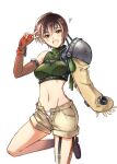  1girl :d armor bare_shoulders blush breasts brown_eyes brown_hair brown_shorts commentary cropped_sweater final_fantasy final_fantasy_vii final_fantasy_vii_remake fingerless_gloves fishnets foot_up forehead_protector garter_straps gloves green_sweater headband heart highres looking_at_viewer medium_breasts midriff milestone_celebration navel open_fly open_mouth panties pauldrons red_gloves ribbed_sweater salute serizawa_katsumi short_hair short_shorts shorts shoulder_armor simple_background single_pauldron sleeveless sleeveless_turtleneck smile solo standing standing_on_one_leg sweater turtleneck turtleneck_sweater underwear unzipped v white_background white_panties yuffie_kisaragi 