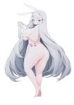  1girl animal_ears apron armpit_crease ass ass_focus bare_shoulders barefoot blush breasts closed_mouth condom condom_wrapper dated eyebrows_visible_through_hair full_body grey_eyes grey_hair highres holding holding_hair large_breasts long_hair looking_at_viewer naked_apron original rabbit_(wlsdnjs950) rabbit_ears simple_background solo standing very_long_hair white_background 