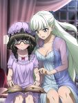  2girls artist_request bed black_hair blue_eyes blush book breasts cleavage closed_mouth eyebrows_visible_through_hair glasses green_hair hair_ornament hair_ribbon hat indoors large_breasts lingerie long_hair looking_at_viewer multiple_girls negligee nightcap nightgown official_art on_bed open_mouth prelati_(symphogear) ribbon saint-germain_(symphogear) senki_zesshou_symphogear senki_zesshou_symphogear_xd_unlimited shiny shiny_hair short_hair small_breasts smile twintails underwear window yuri 