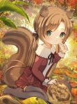  1girl :t animal_ears autumn_leaves bangs black_ribbon blush brown_hair brown_jacket brown_skirt closed_mouth commentary_request eyebrows_behind_hair food food_on_face green_eyes grey_legwear hand_up highres jacket long_hair long_sleeves looking_at_viewer low_twintails marekamico neck_ribbon no_shoes open_clothes open_jacket original parted_bangs pleated_skirt ribbon shirt sitting skirt solo squirrel_ears squirrel_girl squirrel_tail tail thighhighs twintails very_long_hair walnut_(food) wariza white_shirt 