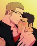  2boys bara black_hair blush couple crying crying_with_eyes_open eyebrow_cut facial_hair finger_to_another&#039;s_cheek fle0423 gakuran glasses goatee hand_on_another&#039;s_head heads_together highres hug interracial light_brown_hair long_sideburns male_focus multiple_boys muscular muscular_male original pectoral_cleavage pectorals school_uniform shirt_grab short_hair sideburns tears upper_body wiping_tears yaoi 