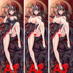  1girl ahegao azur_lane bangs bare_legs bare_shoulders barefoot black_dress black_footwear black_hair black_panties blunt_bangs blush bottomless bouquet breasts breasts_outside bukkake censored circlet cleavage collar commentary criss-cross_halter cum cum_on_body cum_on_breasts cum_on_hair dakimakura_(medium) detached_collar dress earrings eyebrows_visible_through_hair facial feather_hair_ornament feathers frilled_collar frills from_above full_body hair_ornament halterneck hand_in_hair heart heart_censor high_heels horns jewelry knee_up large_breasts legs long_hair looking_at_viewer lying multiple_views nipples no_panties noshiro_(a_tale_of_two_lovers)_(azur_lane) noshiro_(azur_lane) official_alternate_costume on_back oni_horns open_mouth panties parted_lips partially_undressed petals purple_eyes qi_yuan_zhi_yu red_ribbon ribbon rolling_eyes sample shoes shoes_removed sleeveless sleeveless_dress smile sperm_cell thighs tongue tongue_out underwear 