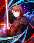  1boy action anakin_skywalker animification bangs black_cape brown_hair cape darth_vader energy_sword hair_behind_ear holding holding_sword holding_weapon lightsaber looking_down male_focus scar scar_across_eye sith smile solo space sparkle star_wars star_wars:_revenge_of_the_sith suzukac sword weapon yellow_eyes 