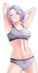  1girl arms_behind_head blue_hair blush boku_no_hero_academia breasts cleavage collarbone commission eyebrows eyebrows_visible_through_hair feet_out_of_frame grey_panties grey_sports_bra highres ichinose_(ichinose1592) lady_nagant lips looking_at_viewer medium_breasts medium_hair multicolored_hair navel open_mouth panties pink_hair red_eyes smile solo sports_bra sportswear standing teeth two-tone_hair underwear white_background 