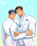  2boys absurdres alternate_costume aqua_necktie bara blue_hair blush brown_hair cross_scar fiery_hair fle0423 formal hand_on_another&#039;s_arm hand_on_another&#039;s_waist highres husband_and_husband male_focus master_3_(housamo) multiple_boys muscular muscular_male necktie scar short_hair sideburns smile suit toji_(housamo) tokyo_afterschool_summoners undershirt upper_body wedding white_suit yaoi 