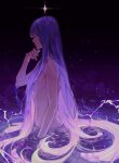  1girl bangs black_background breasts commentary completely_nude electricity genshin_impact glowing glowing_hair hair_censor hand_up highres long_hair nude partially_submerged purple_eyes purple_hair purple_theme raiden_shogun russian_commentary saiprin sideboob sidelocks solo very_long_hair 